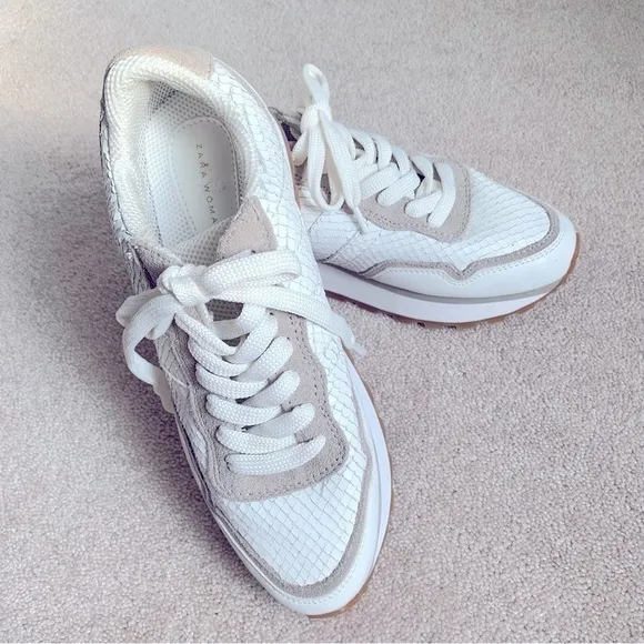 Zara White &amp; Taupe Textured Athletic Running Sneakers