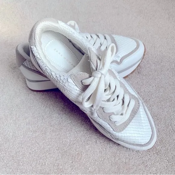 Zara White &amp; Taupe Textured Athletic Running Sneakers